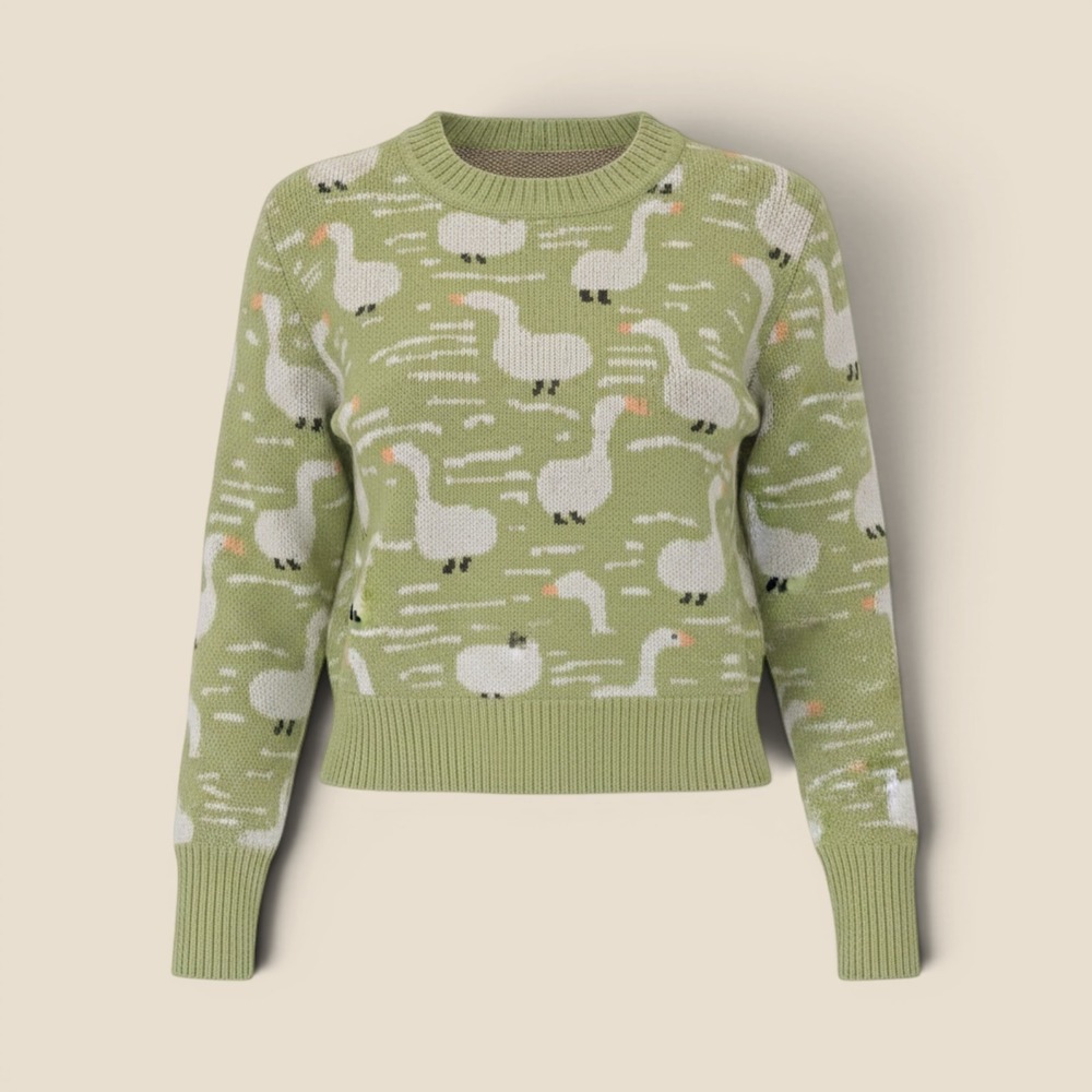 Cider Goose Print Sweater Small Green Cottagecore Animal Novelty Knit Crewneck